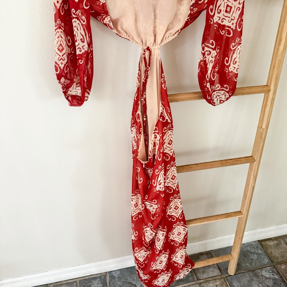 Zara Red Cream Printed Cutout Maxi Dress Size L Open Back Balloon Sleeve - Picture 9 of 12